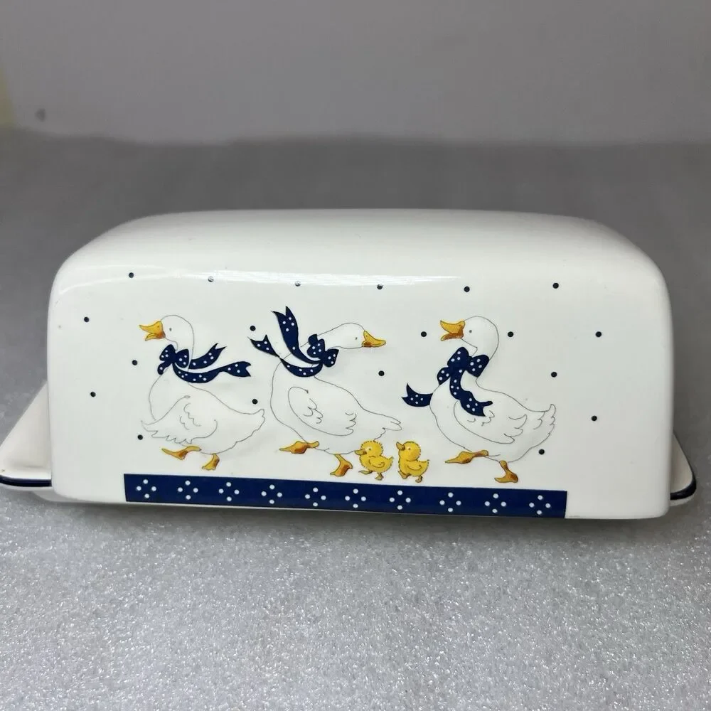 Vtg Geese Goslings Covered Butter Dish Farmhouse Cottagecore Country Motif Japan
